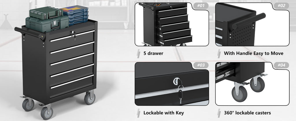 5 Drawers Rolling Tool Chest with Wheels, Portable Rolling Tool Boxes with Wheels, Tool Box StoraCabinet with LocSystem for Gara(Black, 5 Drawers)