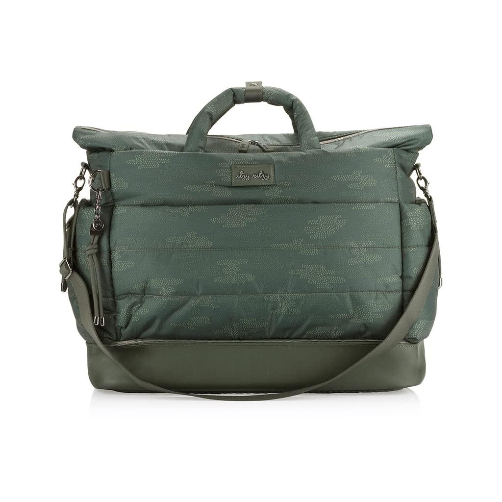 Itzy Ritzy Dream Weekender Bag; Lightweight Travel &amp; Hospital Bag Made of Puffer Style Material, Features Base Compartment, 12 Pockets, Shoulder Strap, Stroller Straps &amp; Luggage Attachment, Cloud Camo