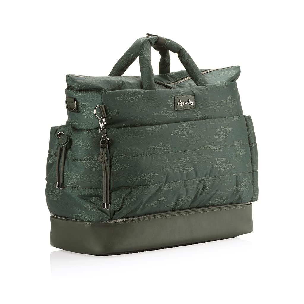 Itzy Ritzy Dream Weekender Bag; Lightweight Travel &amp; Hospital Bag Made of Puffer Style Material, Features Base Compartment, 12 Pockets, Shoulder Strap, Stroller Straps &amp; Luggage Attachment, Cloud Camo