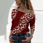 Leapard Print One Shoulder Long Sleeve Top