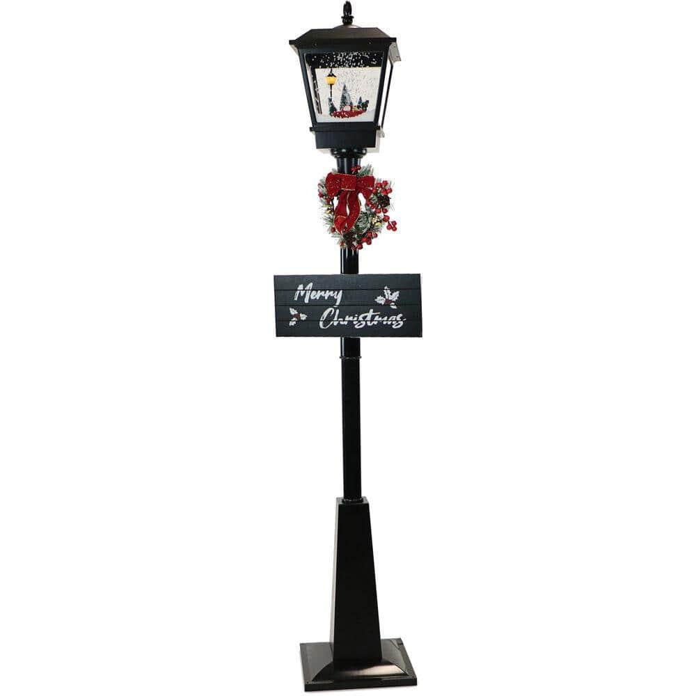 71 in. Christmas Musical Street Lamp with Car Scene, 2 Signs, Cascading Snow, and Christmas Carols