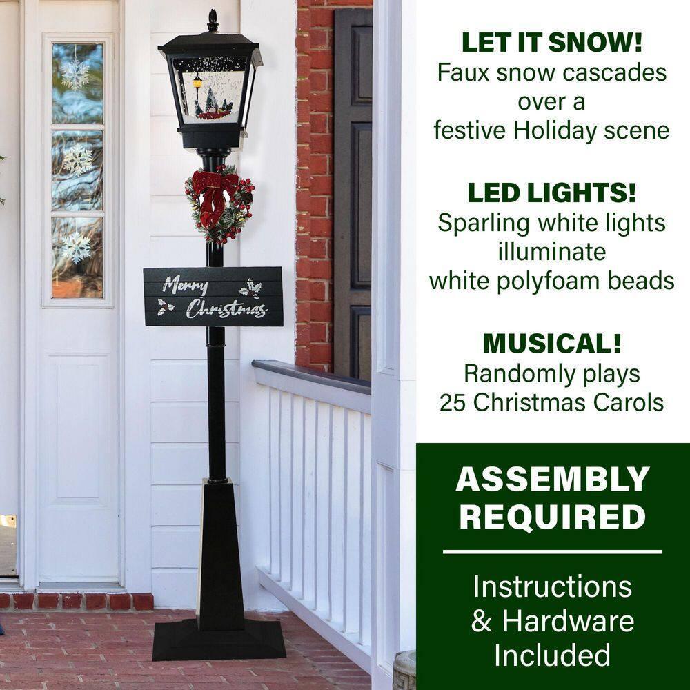 71 in. Christmas Musical Street Lamp with Car Scene, 2 Signs, Cascading Snow, and Christmas Carols