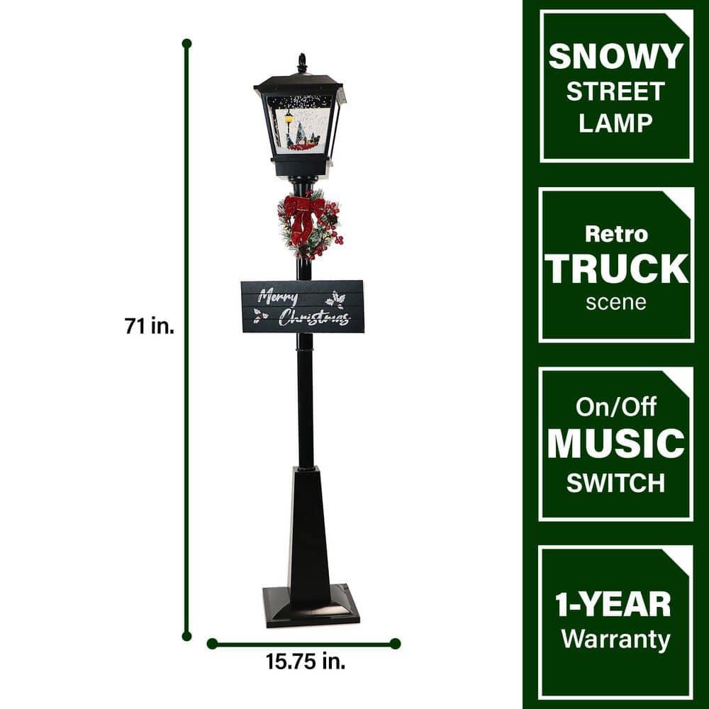 71 in. Christmas Musical Street Lamp with Car Scene, 2 Signs, Cascading Snow, and Christmas Carols