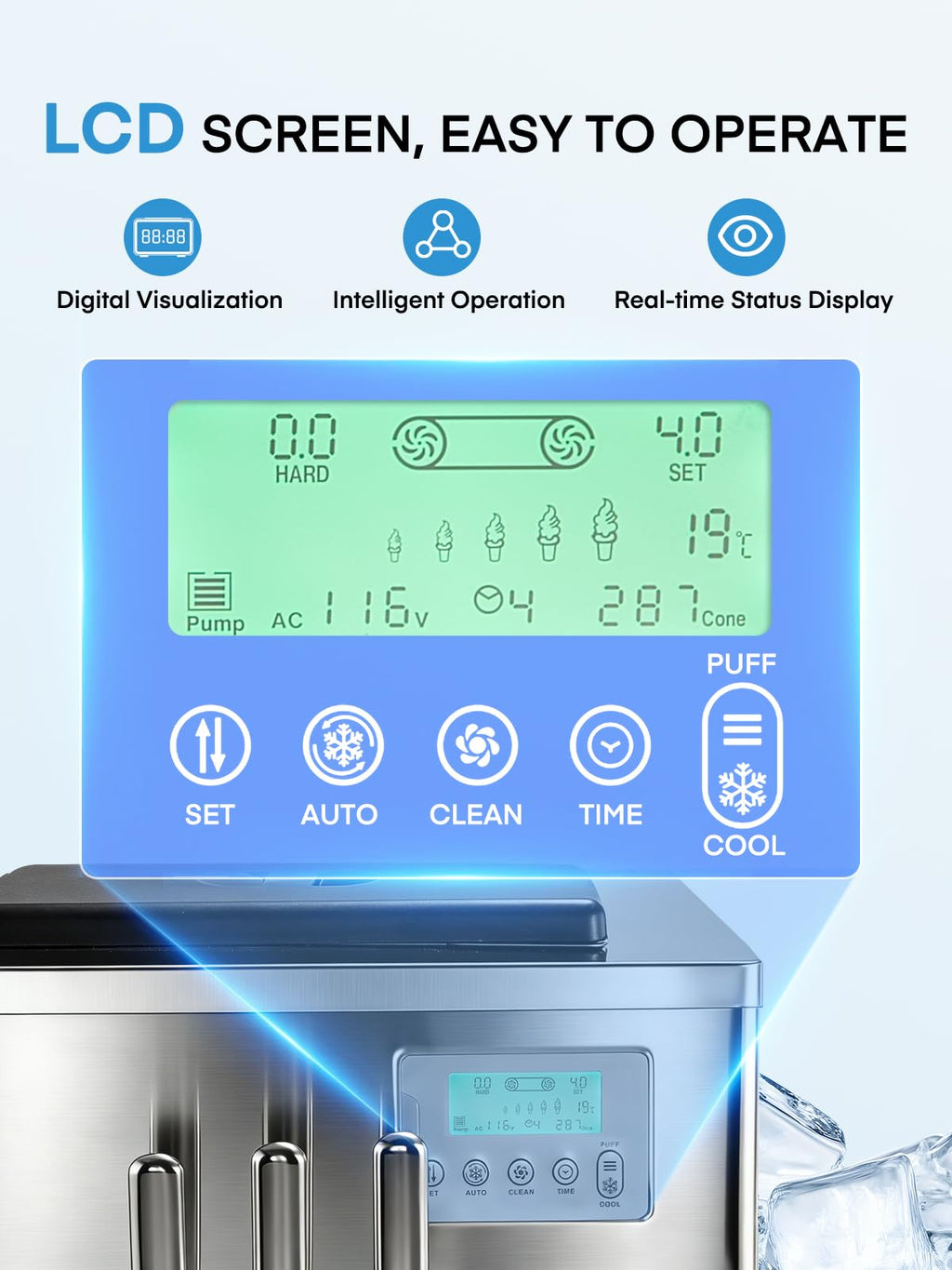 Commercial Ice Cream Machine 5.3-7.4 Gal/H, 3 Flavors Countertop Soft Serve Ice Cream Machine with 8L Hopper, Auto Clean Ice Cream Maker With Pre-Cooling for Snack Restaurants Bars, 1800W
