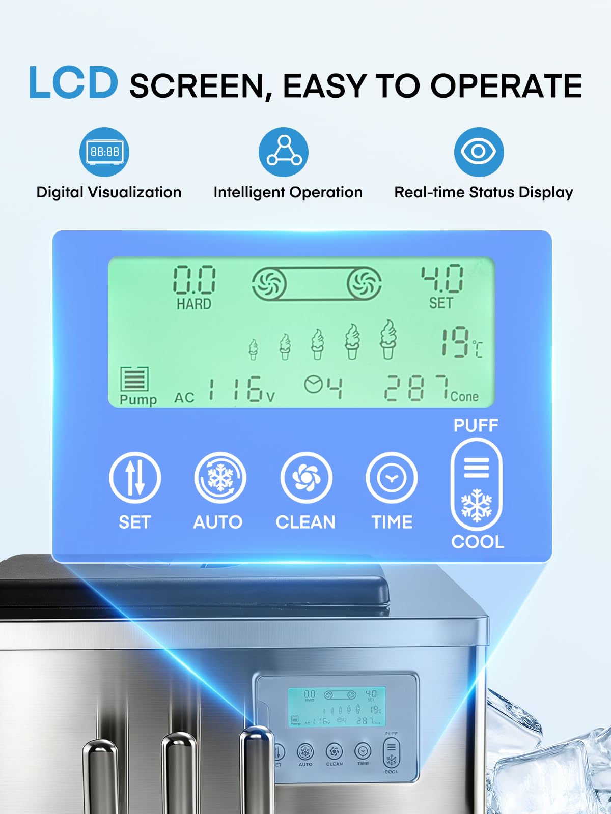 Commercial Ice Cream Machine 5.3-7.4 Gal/H, 3 Flavors Countertop Soft Serve Ice Cream Machine with 8L Hopper, Auto Clean Ice Cream Maker With Pre-Cooling for Snack Restaurants Bars, 1800W