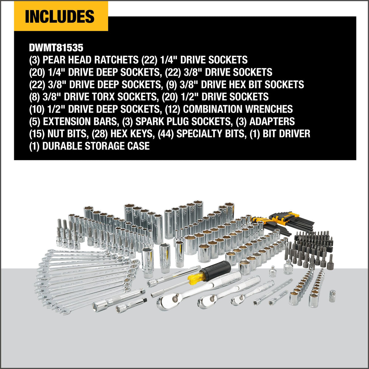 Mechanic Tool Set, 247-Piece, 1/4 in., 3/8 in. and 1/2 in. Drive, SAE, Ratchets, Sockets, Hex Keys, Combination Wrenches, Polish Chrome Finish (DWMT81535)