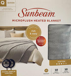 Sunbeam Queen Microplush Electric Heated Blanket with 10 Heat Settings  Preheat Feature  2 Personalized Controllers  UL Certified (Gray)