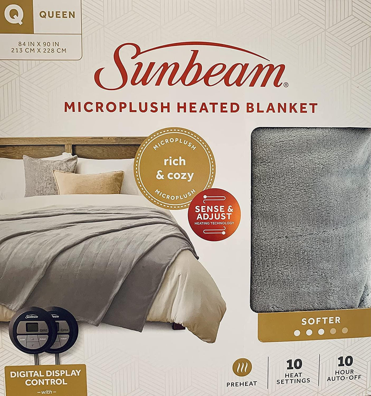 Sunbeam Queen Microplush Electric Heated Blanket with 10 Heat Settings  Preheat Feature  2 Personalized Controllers  UL Certified (Gray)