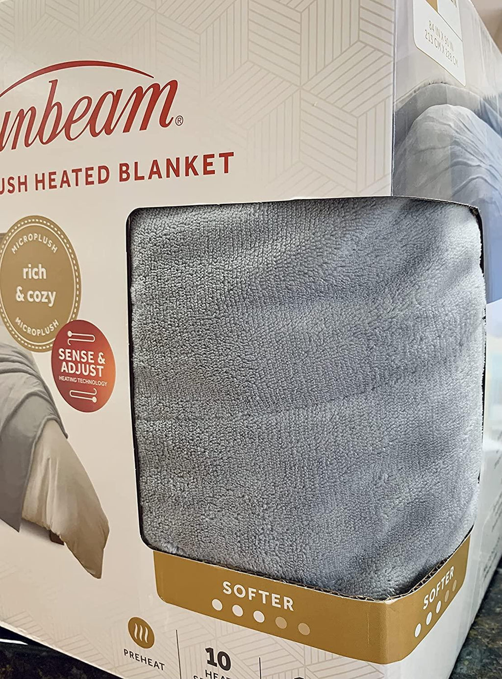 Sunbeam Queen Microplush Electric Heated Blanket with 10 Heat Settings  Preheat Feature  2 Personalized Controllers  UL Certified (Gray)