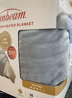 Sunbeam Queen Microplush Electric Heated Blanket with 10 Heat Settings  Preheat Feature  2 Personalized Controllers  UL Certified (Gray)