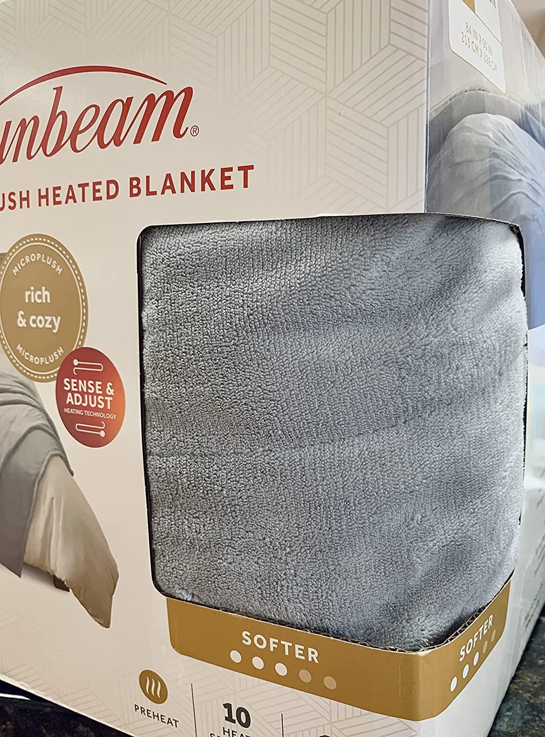 Sunbeam Queen Microplush Electric Heated Blanket with 10 Heat Settings  Preheat Feature  2 Personalized Controllers  UL Certified (Gray)