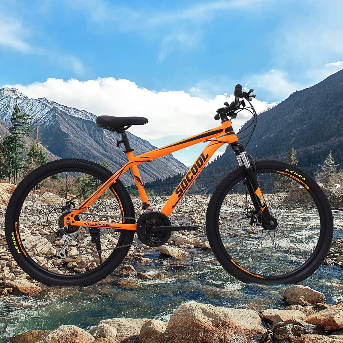 SOCOOL Mens Mountain Bike, Front Suspension, 21-Speed, 26-Inch Wheels, Aluminum Frame (Orange/Black)