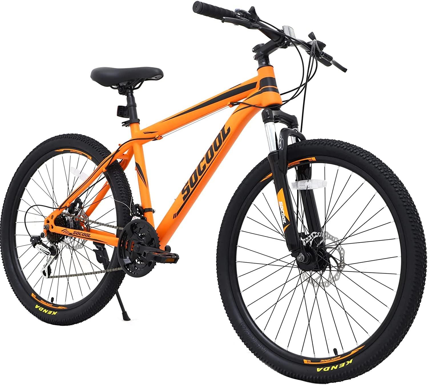 SOCOOL Mens Mountain Bike, Front Suspension, 21-Speed, 26-Inch Wheels, Aluminum Frame (Orange/Black)