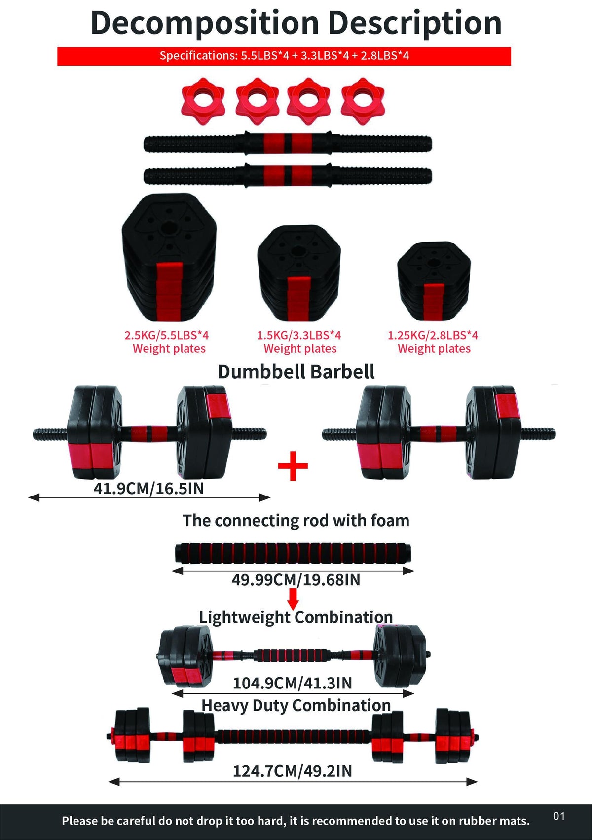 56LB Adjustable Dumbbell Weight Sets Eco閳ユ厭riendly Fitness Equipment with 25cm Connection Rod