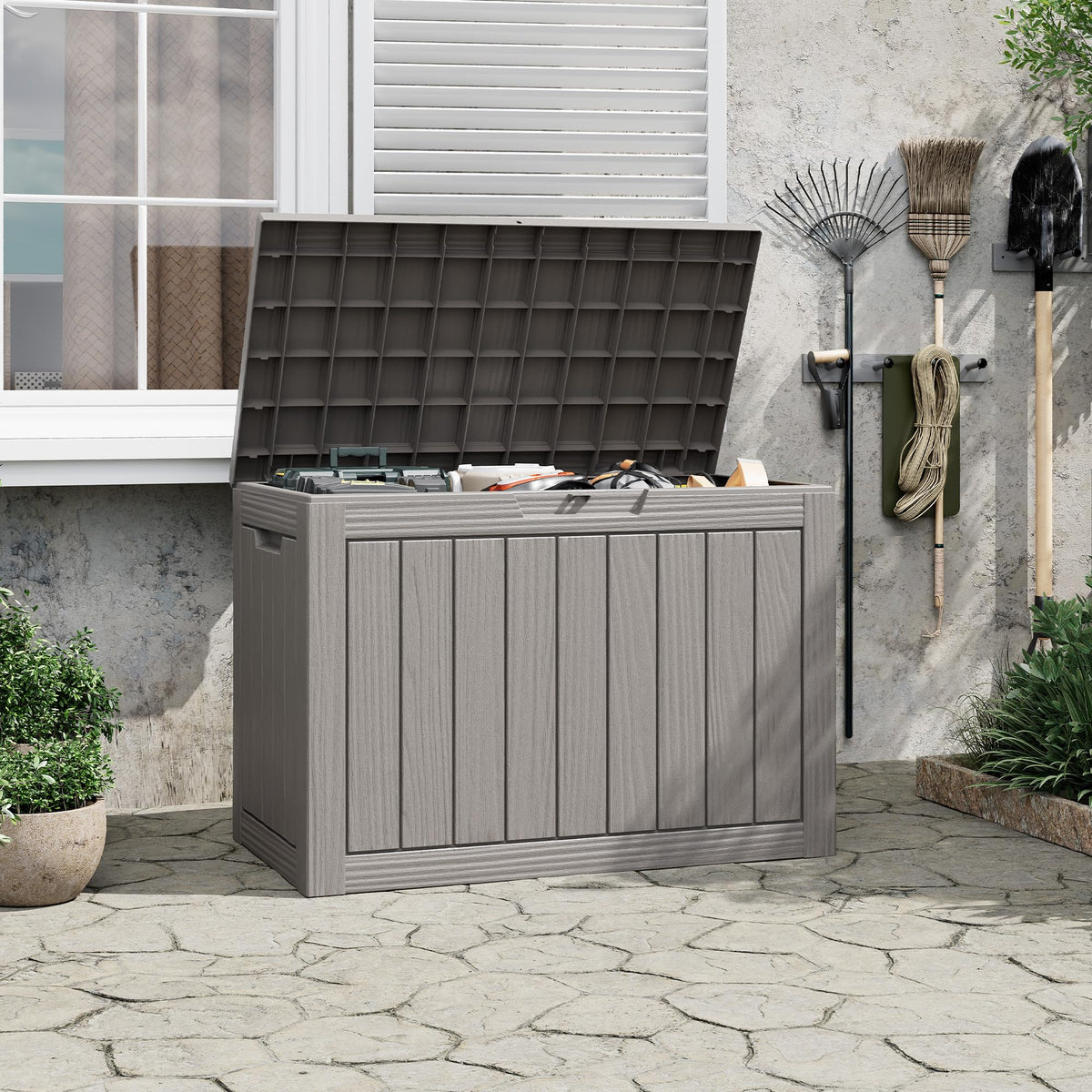 Outdoor StoraBox, 45 Gallon Deck Box with Lockable Lid, Waterproof Resin StoraBin for Cushions, Garden Tools, Patio Furniture, Grey