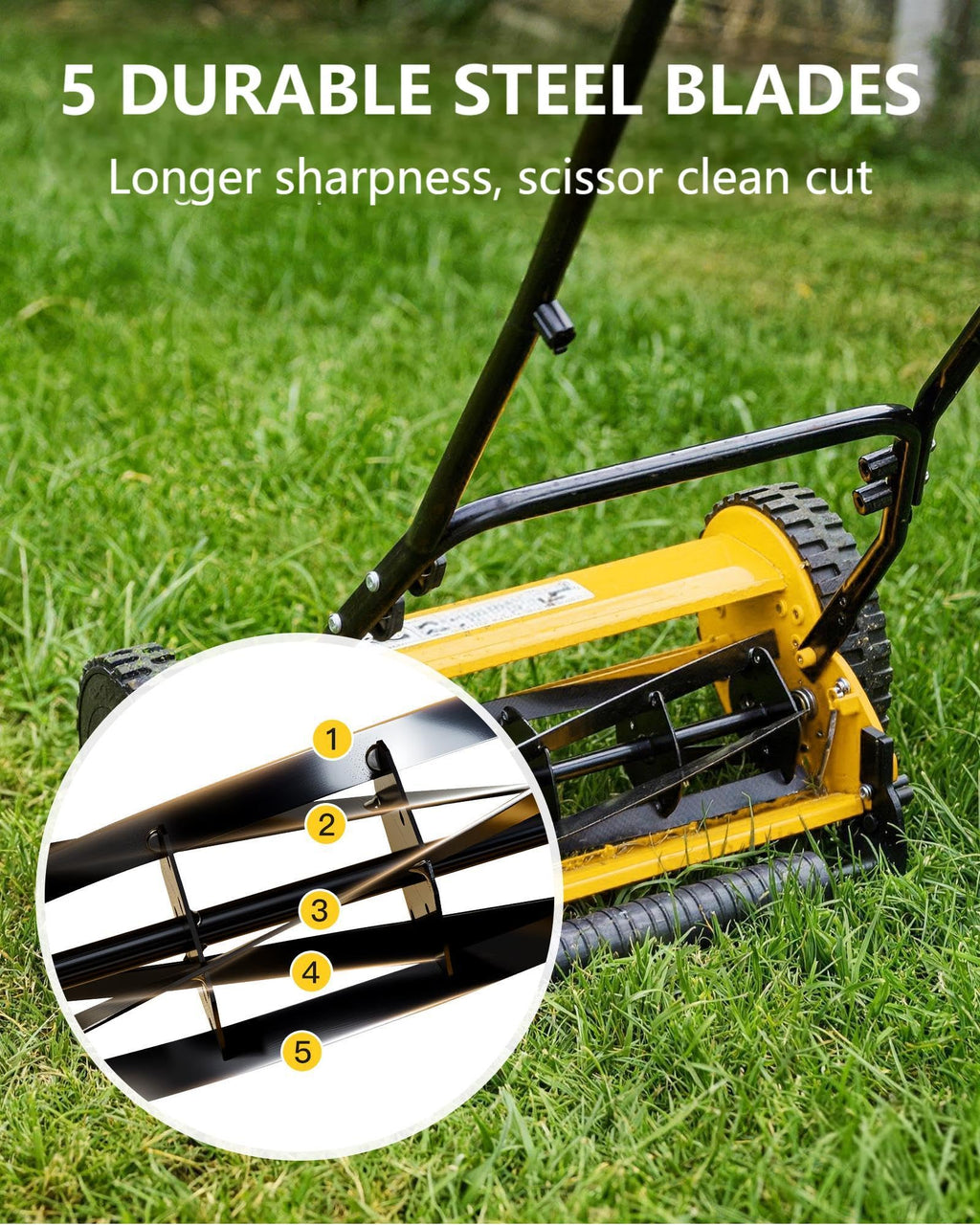 14" Hand Push Lawn Mower, 5-Blade Push Reel Lawn Mower with Adjustable Cutting Height, Quiet Eco-Friendly Manual Lawnmower for Home Garden