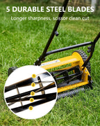 14" Hand Push Lawn Mower, 5-Blade Push Reel Lawn Mower with Adjustable Cutting Height, Quiet Eco-Friendly Manual Lawnmower for Home Garden