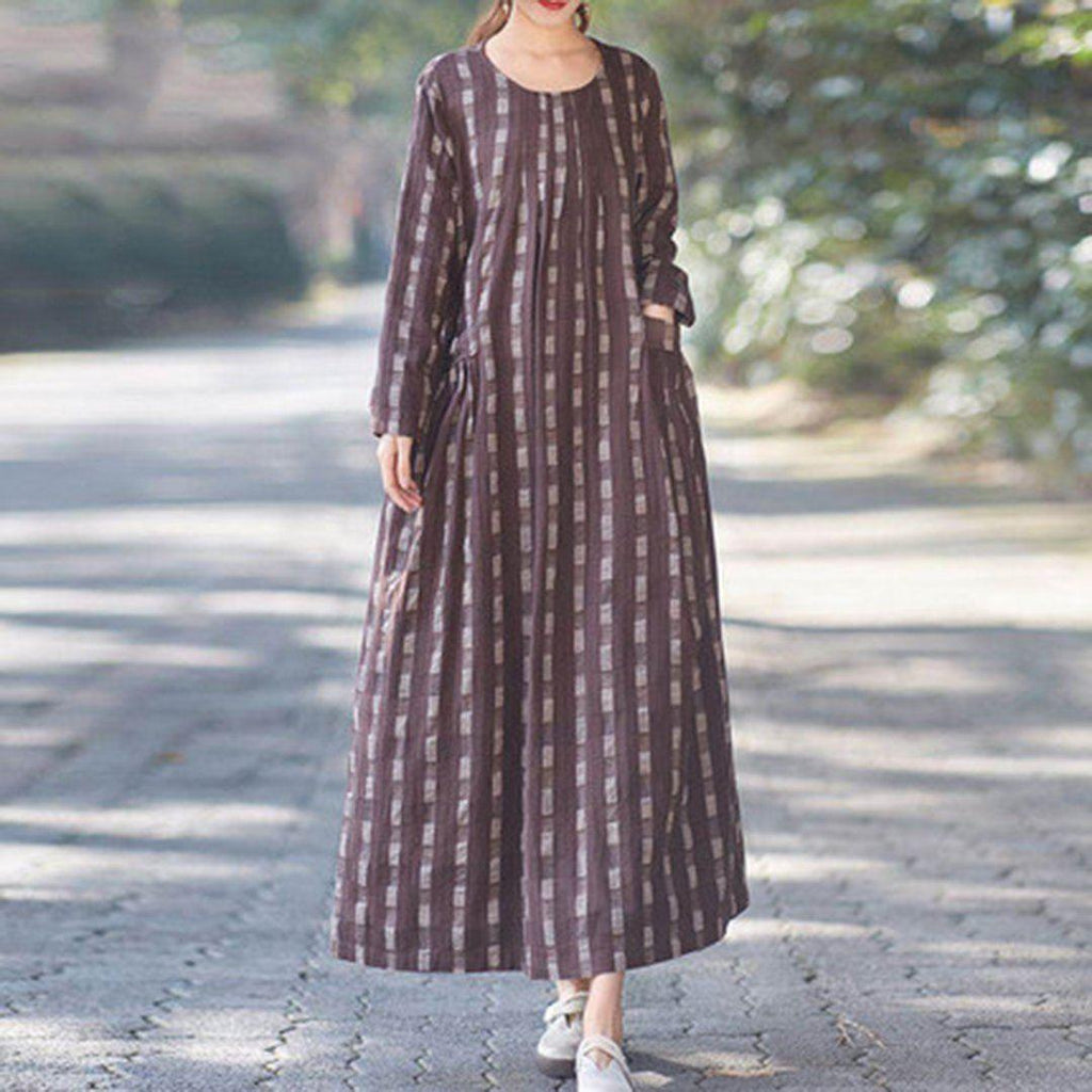 Linen Checkered Pleated Maxi Dress