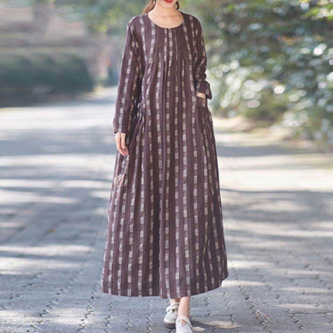 Linen Checkered Pleated Maxi Dress
