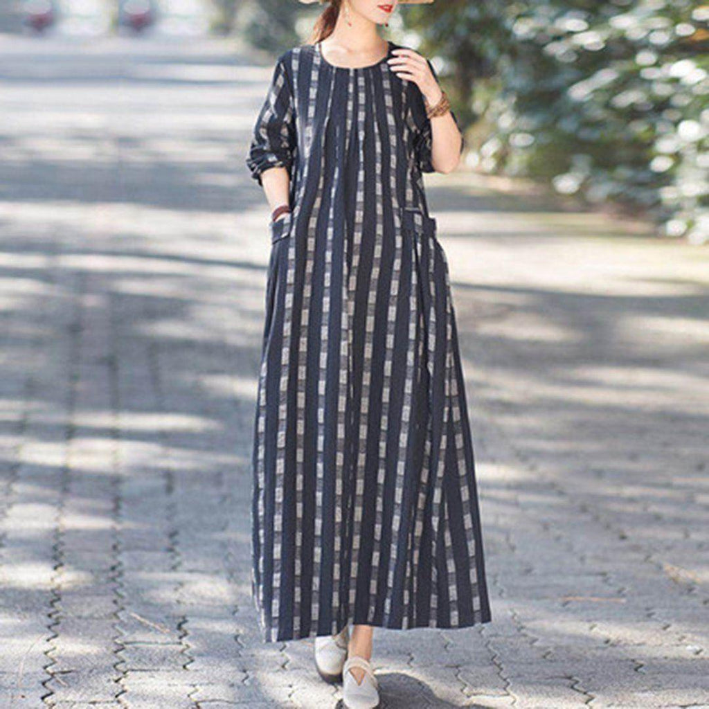 Linen Checkered Pleated Maxi Dress