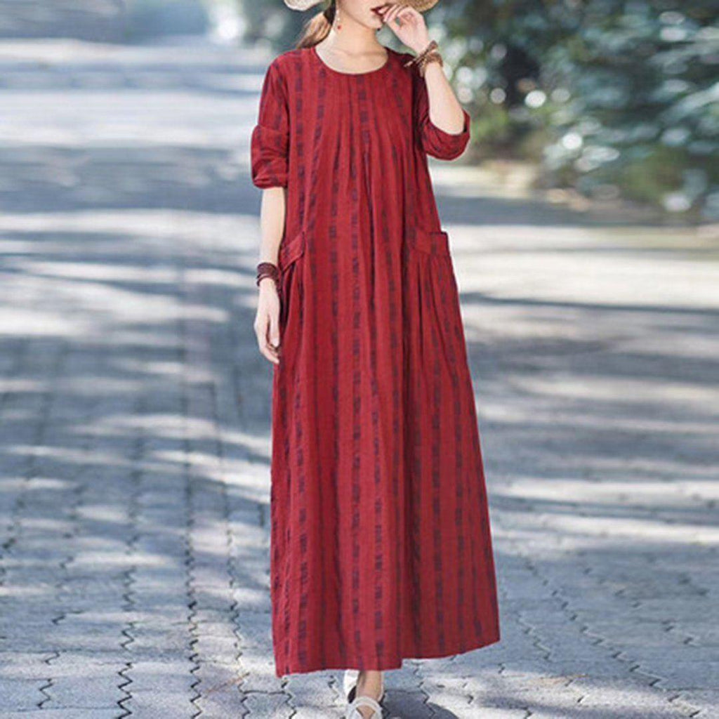 Linen Checkered Pleated Maxi Dress