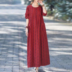 Linen Checkered Pleated Maxi Dress