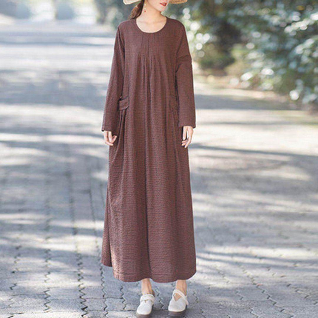 Linen Checkered Pleated Maxi Dress