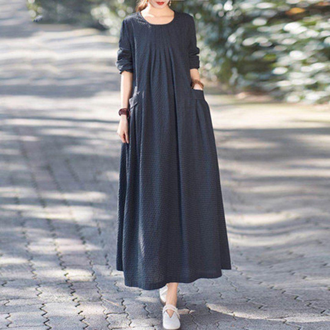 Linen Checkered Pleated Maxi Dress