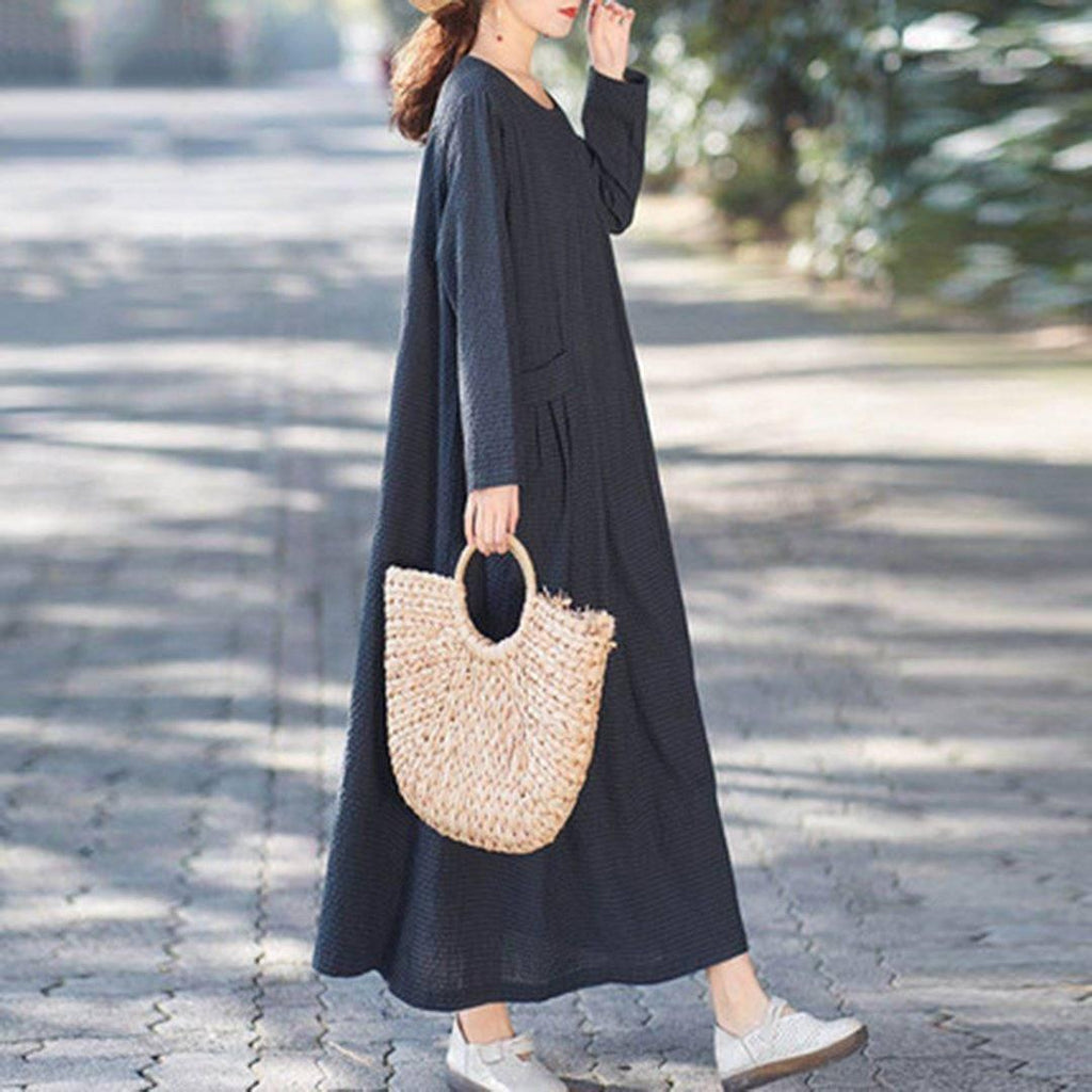 Linen Checkered Pleated Maxi Dress