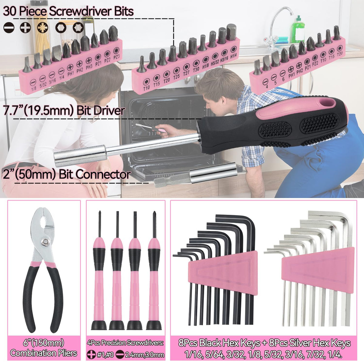 58 Piece Household Tool Set, General Household Hand Tool Kit with Plastic Toolbox StoraCase, All Purpose Household Tool Kit for Women, Girls and Ladies, Pink