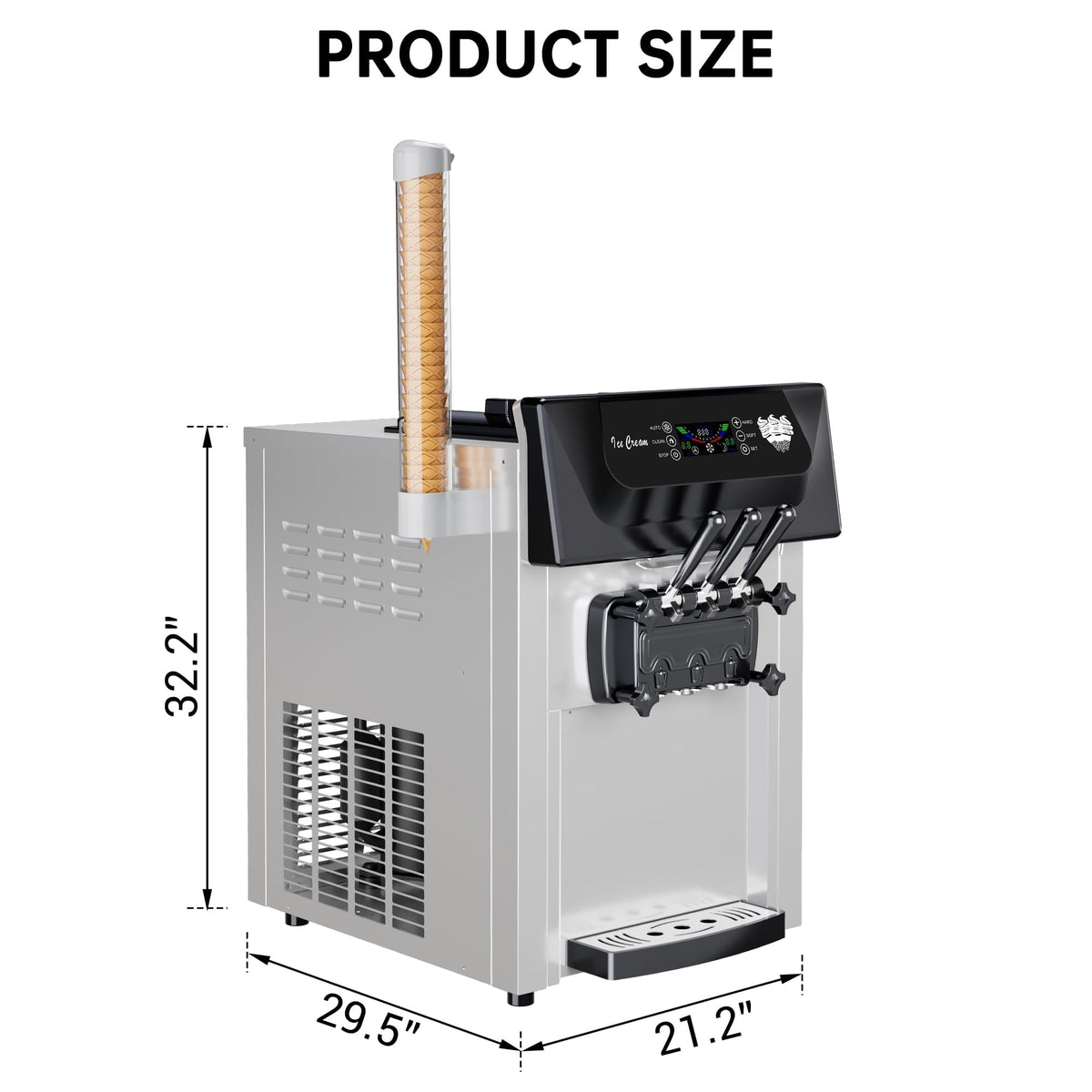 Commercial 2+1 Flavor Soft Serve Ice Cream Maker Machine, 7.4 Gal/Hour Countertop Ice Cream Machine with Self-Cleaning, LCD Display & Adjustable Hardness for Restaurants, Bubble Tea and Snack Shops, 2