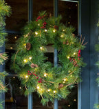 Plow &amp; Hearth Indoor/Outdoor Blue Ridge Wreath w/ Battery-Operated Lights