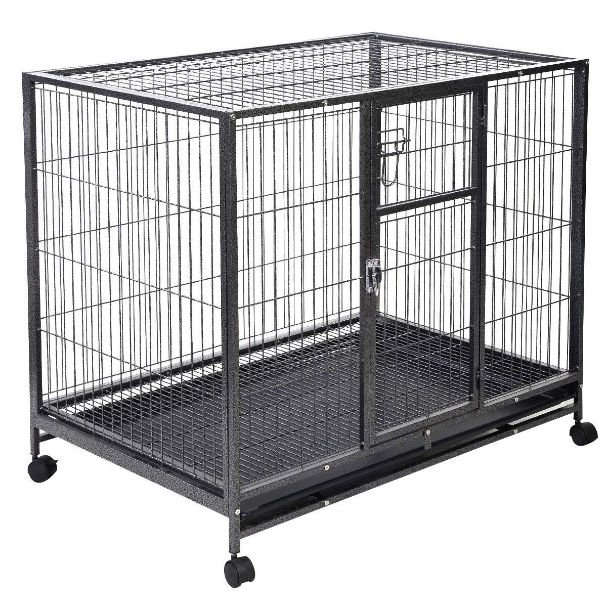 PETSJOY Heavy Duty Pet Dog Crate, Metal Dog Cage, Pet Kennel w/Tray Pan, Pet Playpen House for Small and Medium Sized Pets Dogs with Patent Lock and 4 Lockable Wheels, Black