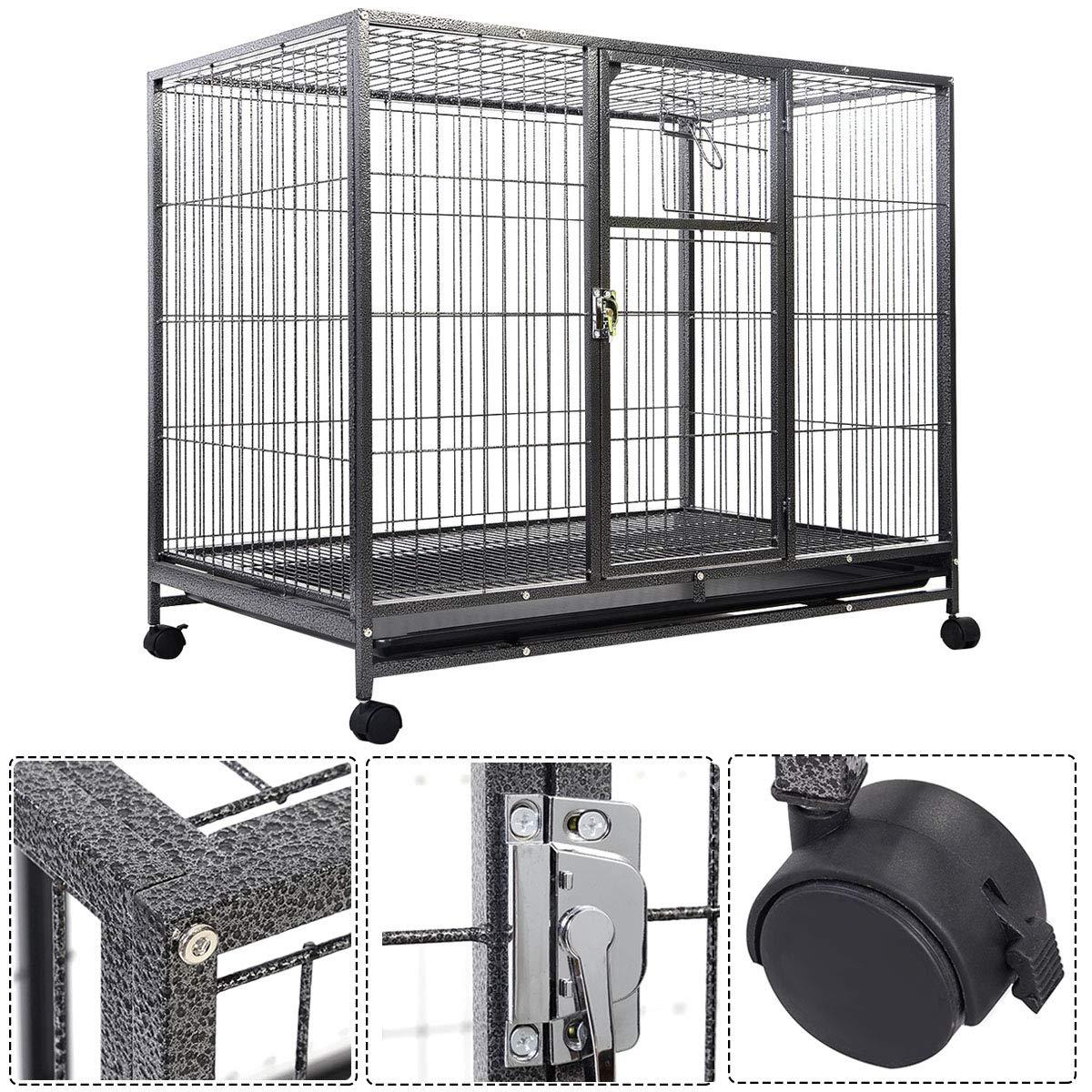 PETSJOY Heavy Duty Pet Dog Crate, Metal Dog Cage, Pet Kennel w/Tray Pan, Pet Playpen House for Small and Medium Sized Pets Dogs with Patent Lock and 4 Lockable Wheels, Black