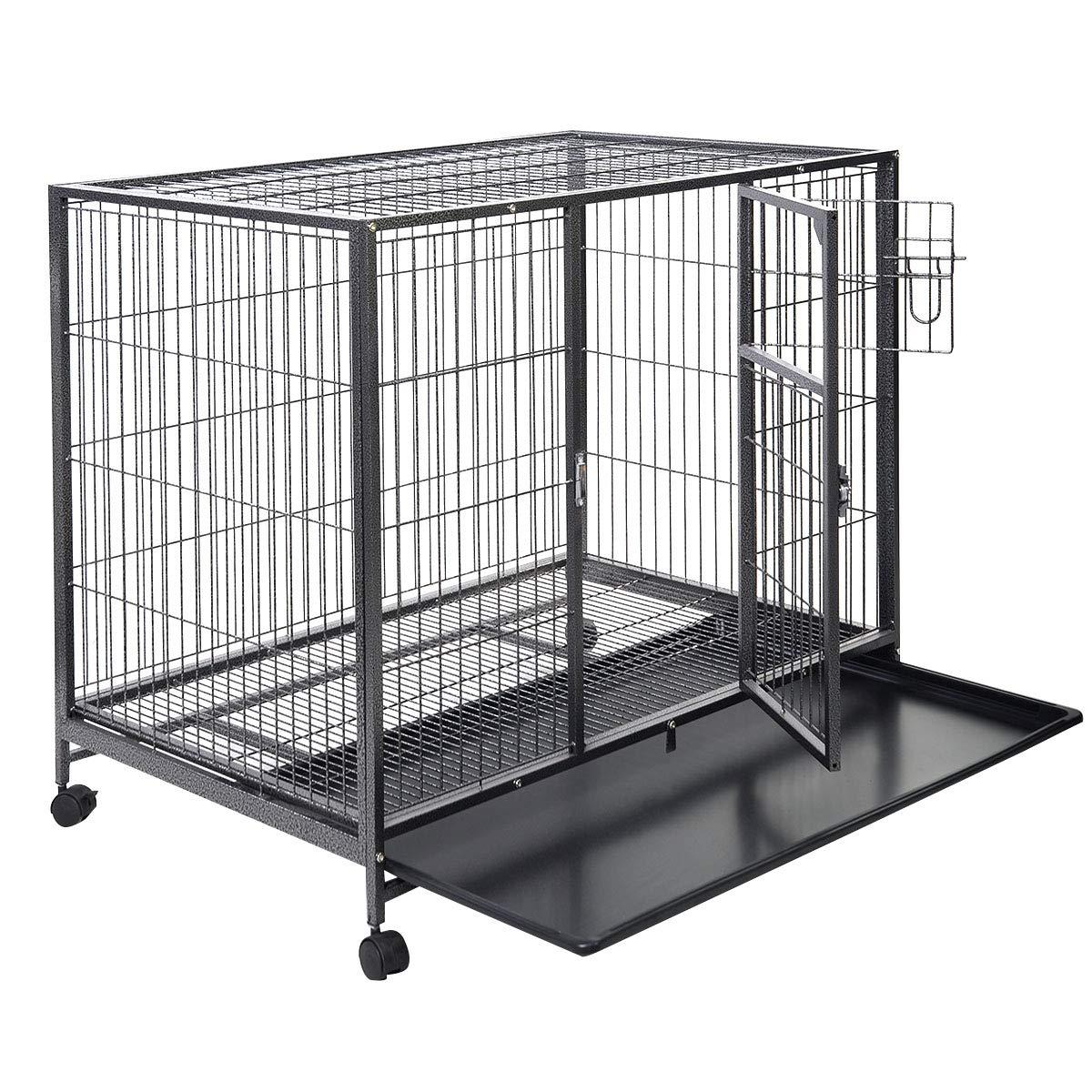 PETSJOY Heavy Duty Pet Dog Crate, Metal Dog Cage, Pet Kennel w/Tray Pan, Pet Playpen House for Small and Medium Sized Pets Dogs with Patent Lock and 4 Lockable Wheels, Black