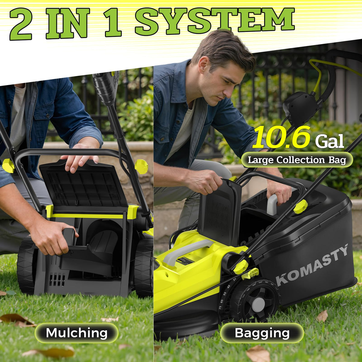 40V Electric Lawn Mower 16" Cordless Battery Powered Mower, 2 in 1 Mulching Lawnmower with 5-Position Height Adjustment 10.6 Gallon Bag, Small Push Lawn Trimmer, 2X4.0Ah Battery and 2 Chargers