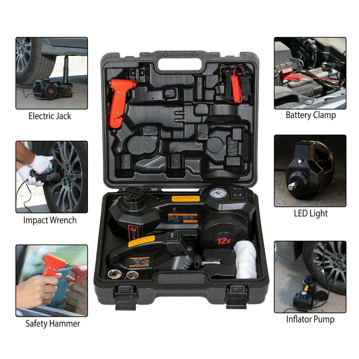 Electric Car Jack Kit 5 Ton with Power Impact Wrench and Tire Inflator Pump Lift