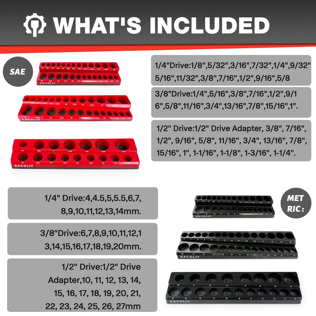 Magnetic Socket Organizer Set, 1/2", 1/4" and 3/8" SAE & Metric Deep & Shallow Socket Holder Kit, holds 141 stanard Sockets, attaches to steel box/tool cart (sockets not included) 丨6PCS