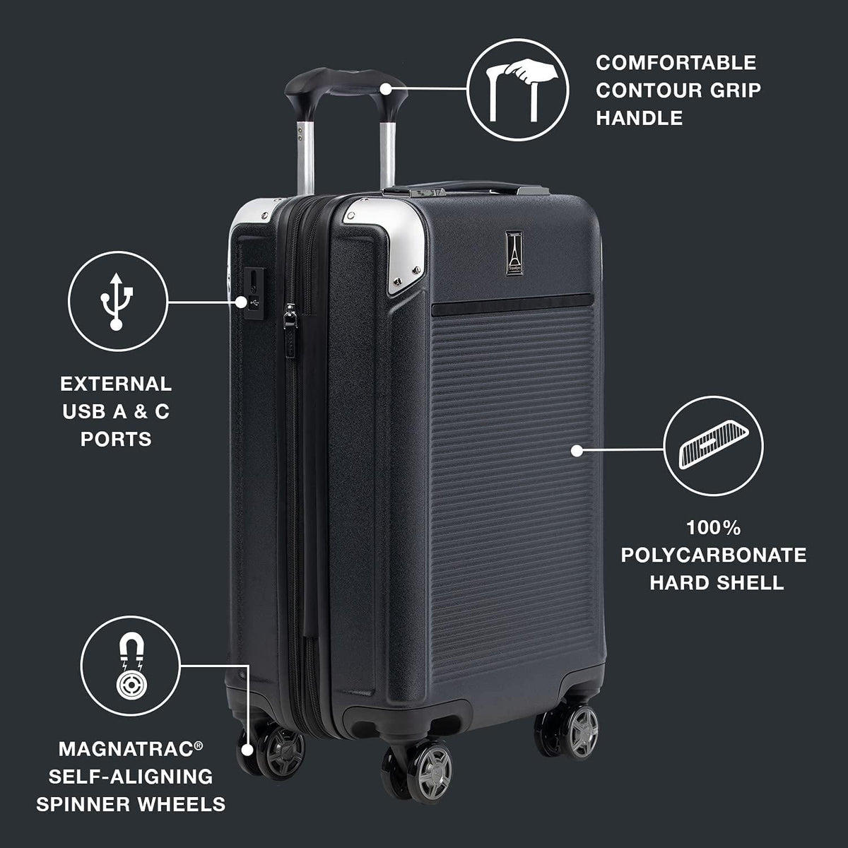 Platinum Elite Hardside Expandable Spinner Wheel Luggage TSA Lock Hard Shell Polycarbonate Suitcase, Shadow Black, Carry-on 21-Inch