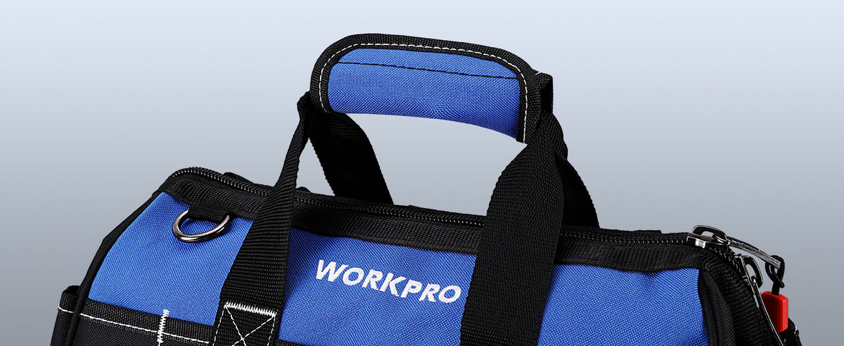 16-inch Wide Mouth Tool Bag with Water Proof Molded Base | Multi-Pocket, Heavy Duty Cloth, Adjustable Shoulder Strap, Double-pull Zipper, For Workshops, Outdoor Projects