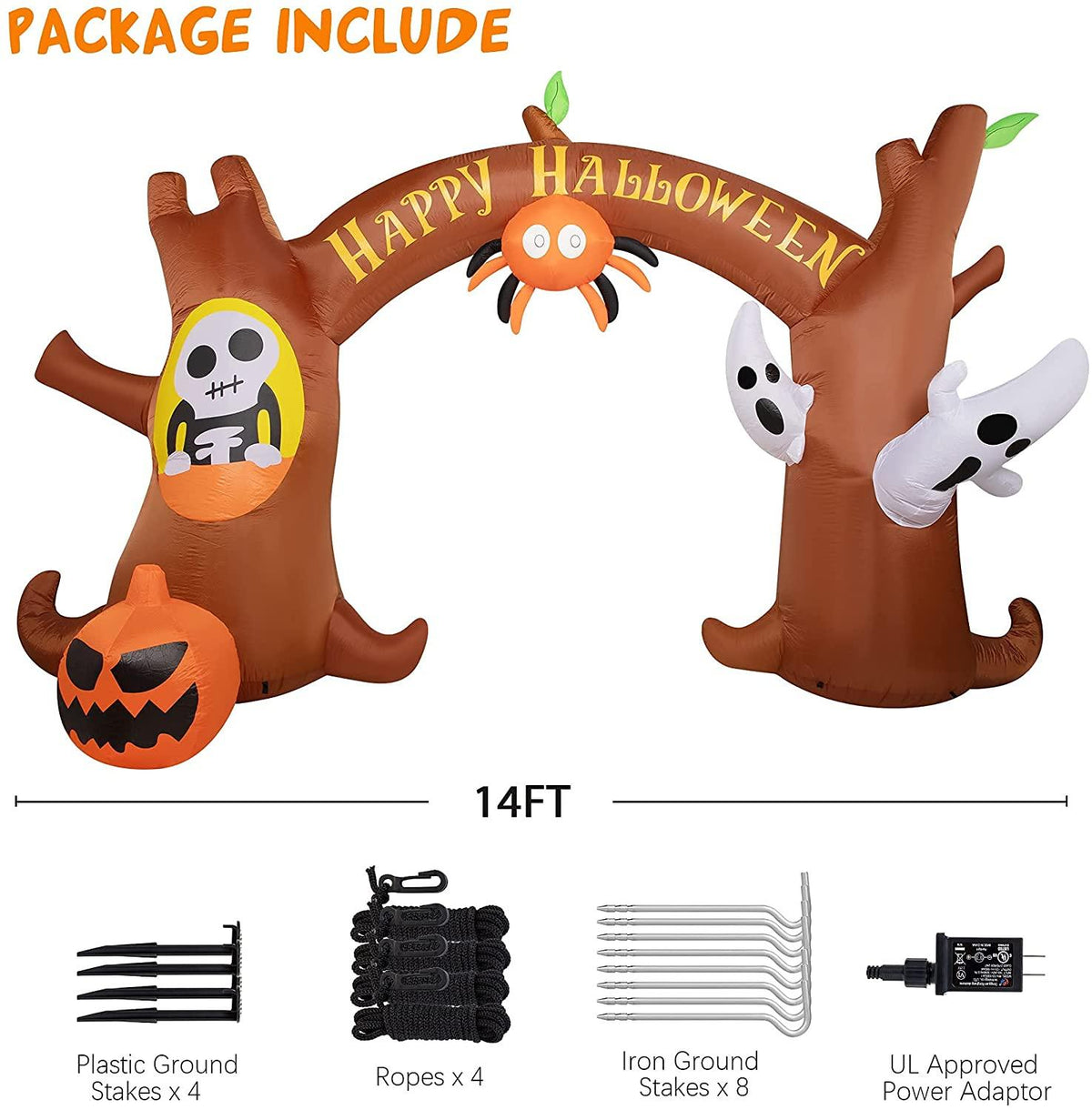 HOOJO 14 FT Wide Halloween Inflatables Tree Archway with Pumpkins and Ghost Outdoor Halloween Decorations, Build-in LEDs, Blow up Halloween Party Decorations for Yard, Garden, and Lawn