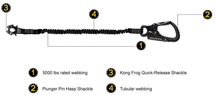 Fusion Tactical 4ft 48"x1" Internal Elastic Bungee Military Police Personal Retention Helo Lanyard with Kong Frog Shackle Snap Hook 23kN Black