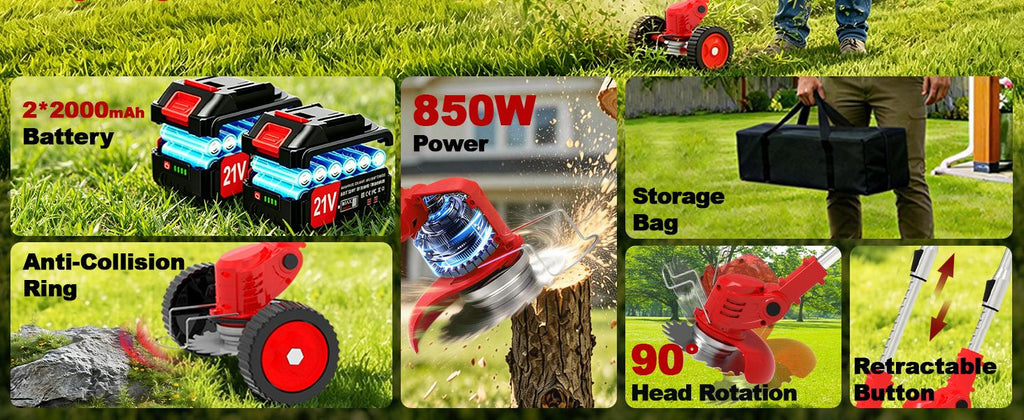 Electric Weed Wacker Cordless with Wheels,21V Lightweight Electric Weed Eater Battery Powered,4 in 1 Grass Trimmer/Brush Cutter/Lawn Edger/Lawn Mower,No String Trimmer Battery Operated for Garden Yard