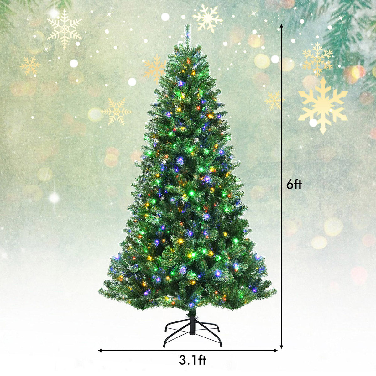 Gymax 6 FT Pre-lit Artificial Christmas Tree Hinged Xmas Tree w/ 9 Lighting Modes
