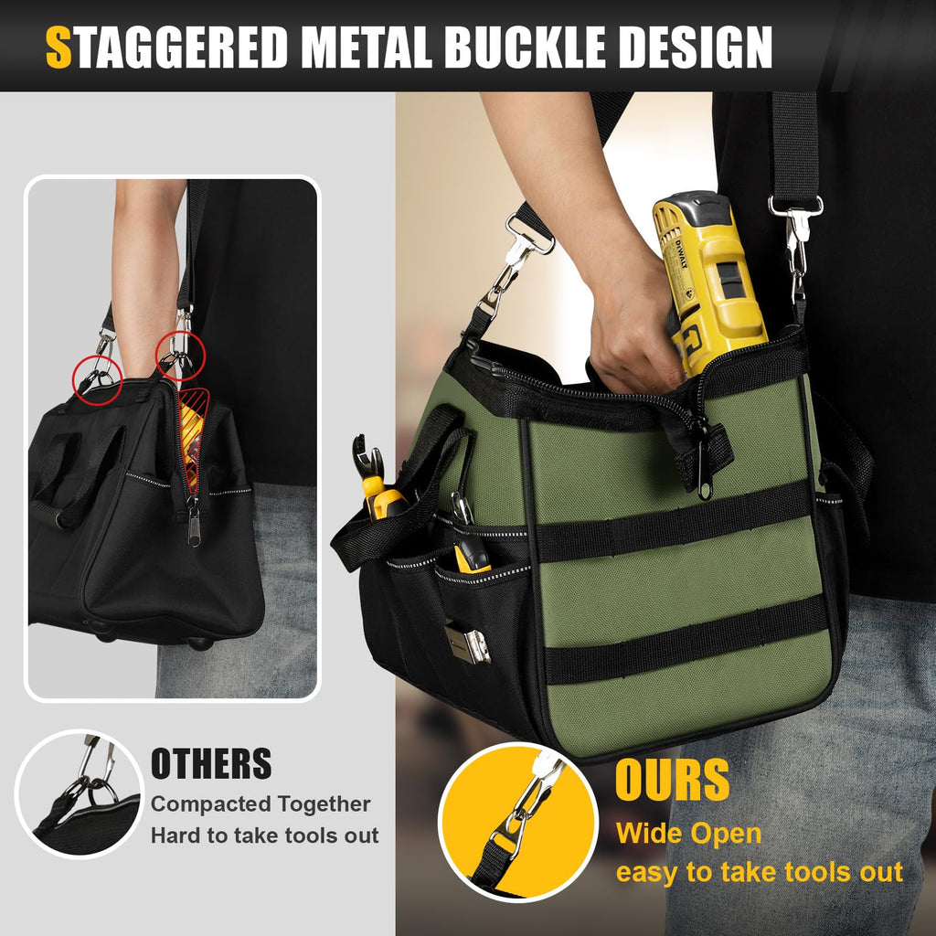 Heavy Duty Tool Bag 15-Inch, 16-Pocket Portable Empty Tool Box Organizer, Big StoraToolbox Organization, Soft Handle LarZipper Carrying Toolbag, Father Day Gifts for Him Dad Men, Green