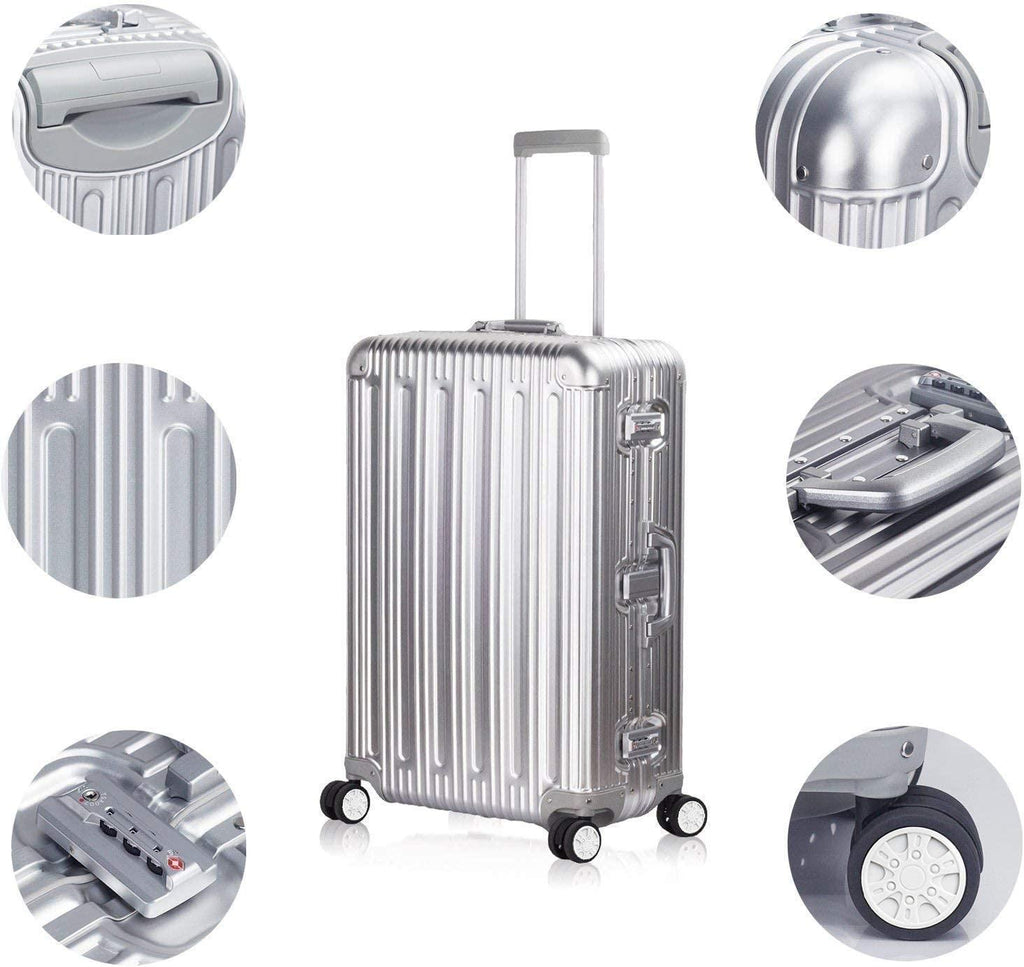 All Aluminum Suitcase Hard Shell Luggage Case Carry On Spinner Matel Suitcase (Silver, 24 Inch)