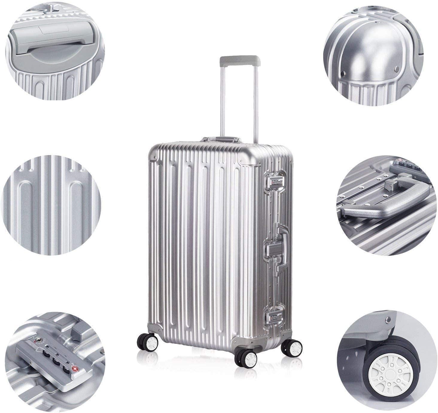 All Aluminum Suitcase Hard Shell Luggage Case Carry On Spinner Matel Suitcase (Silver, 24 Inch)