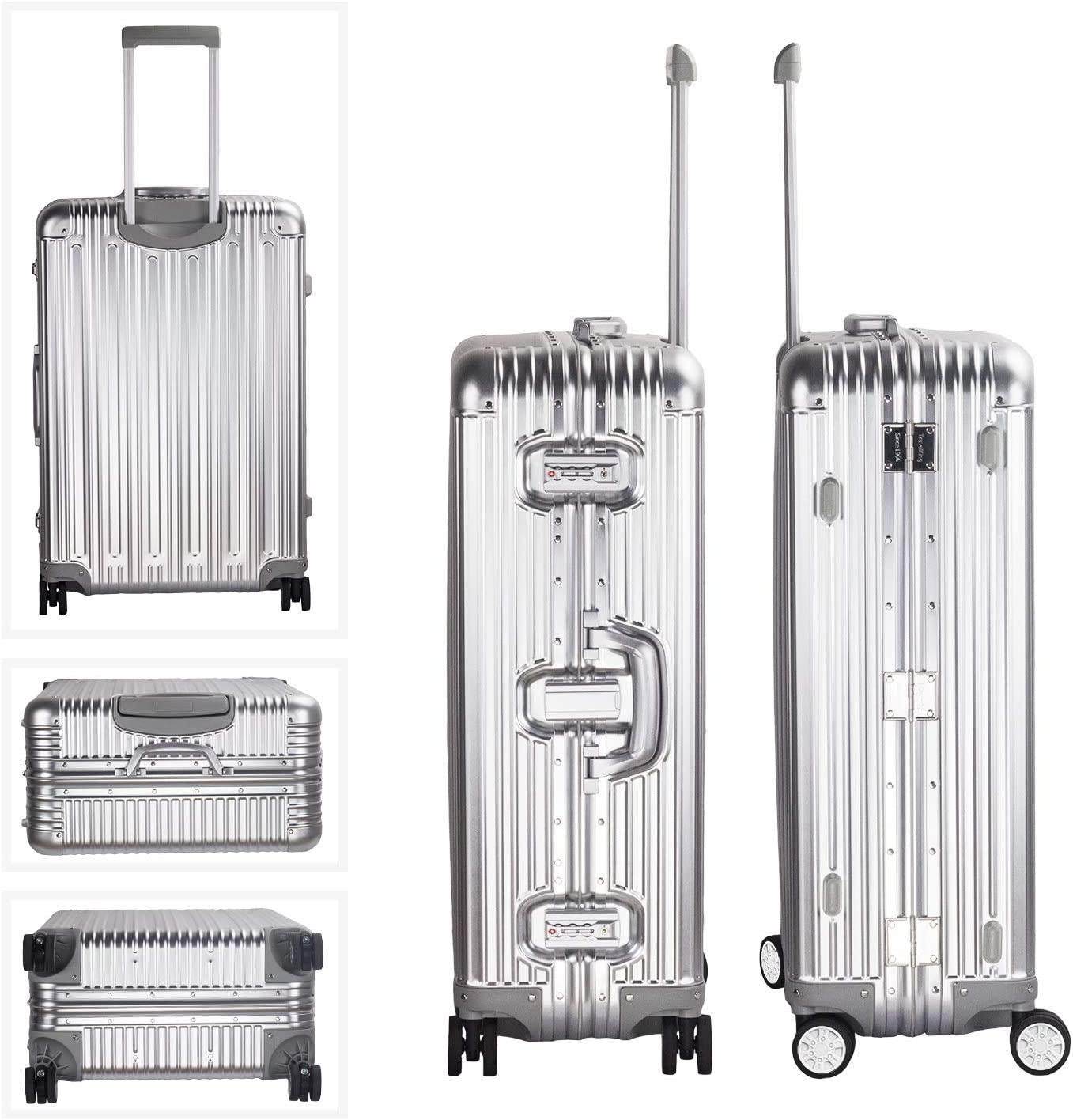 All Aluminum Suitcase Hard Shell Luggage Case Carry On Spinner Matel Suitcase (Silver, 24 Inch)