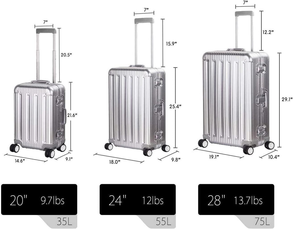 All Aluminum Suitcase Hard Shell Luggage Case Carry On Spinner Matel Suitcase (Silver, 24 Inch)