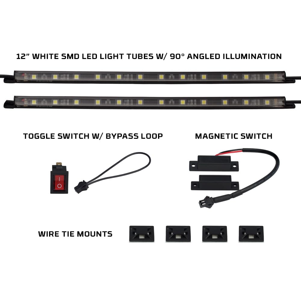 2pc White Truck Tool Box LED Lighting Kit for Work & Utility Trucks | Universal Fitment 12" Tubes Install Inside Lid & Shine Down on Tools, Includes Magnetic Power Switch for Automatic On/Off